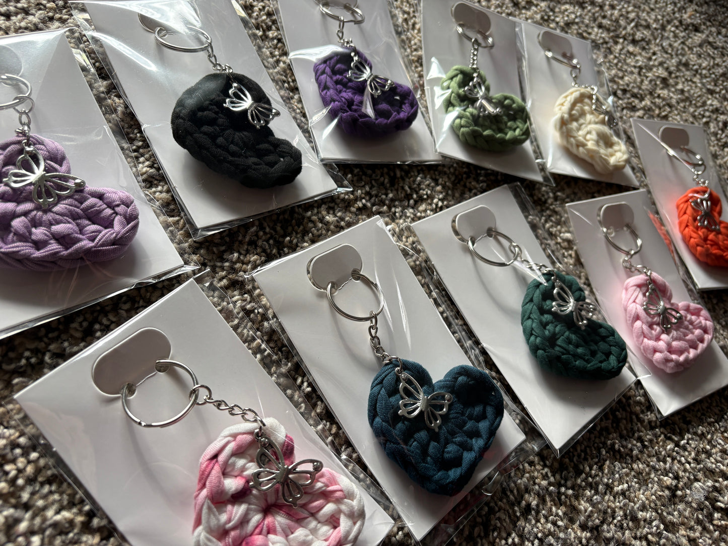 Crochet Heart Keychain with Butterfly Charm | Handmade Chunky Yarn Keyring | Cute Gift Idea | Knots and Loops