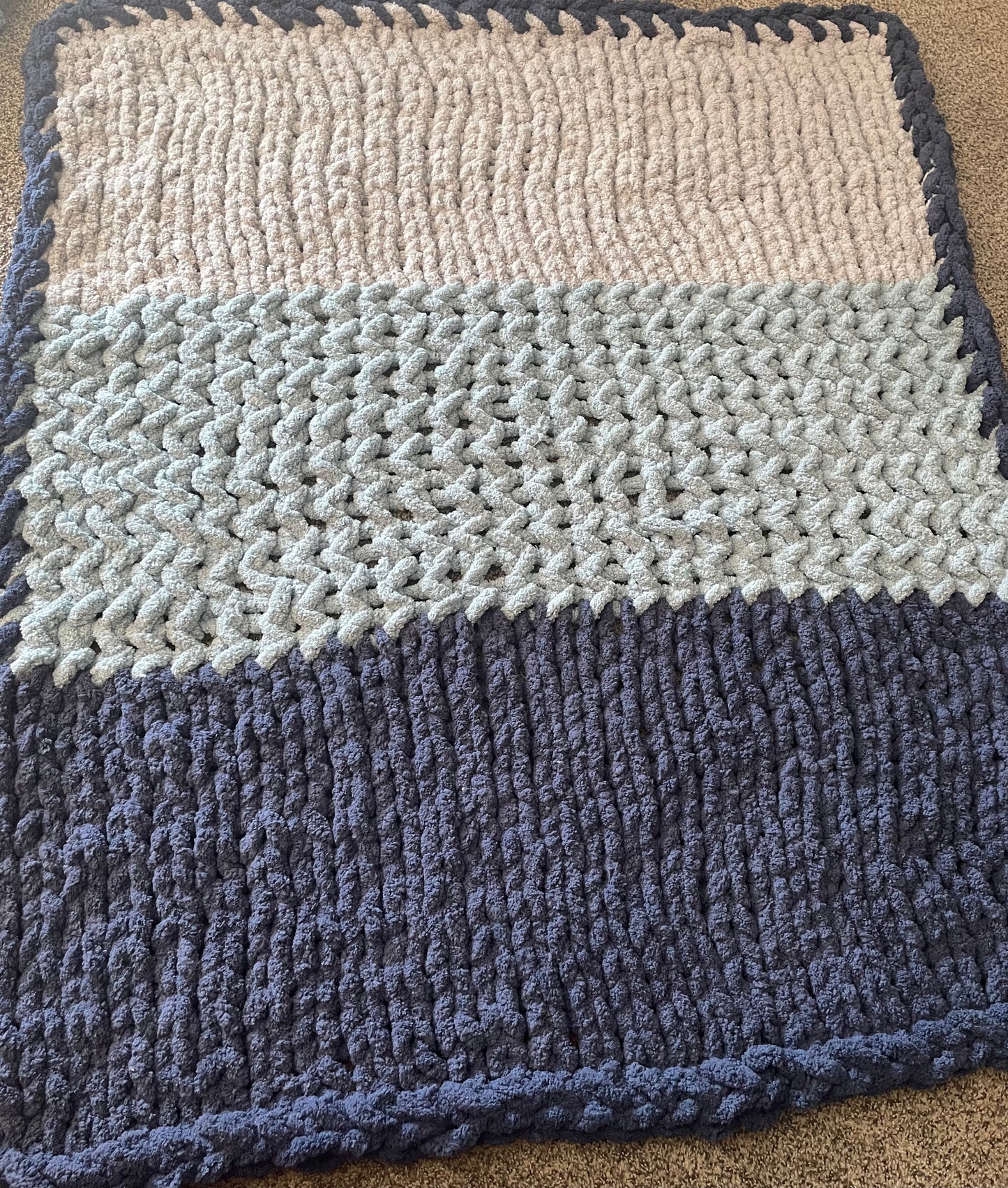 Handmade Hand Knit Blanket 46x55 | Cozy Textured Throw Blanket in Blue & Neutral Tones