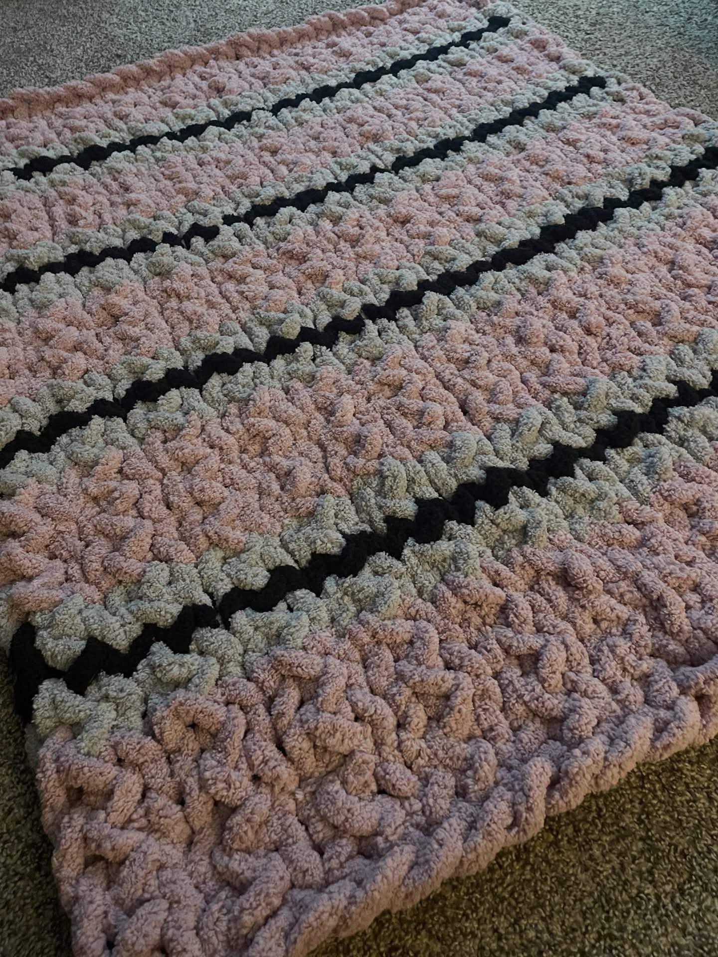 Hand Knit Herringbone Toddler Blanket | Purple Gray Black Plush Baby Blanket | Cozy Handmade Nursery Throw