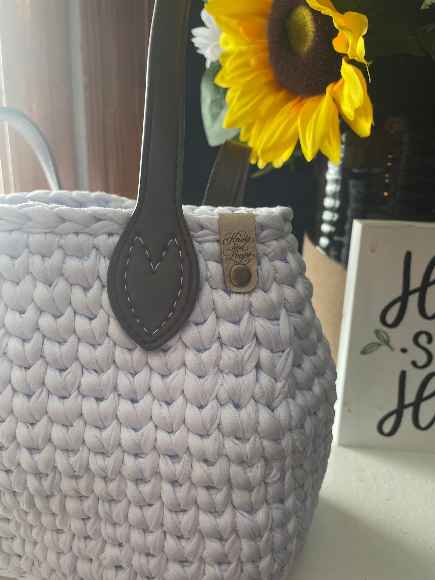 White Crochet Purse with Faux Leather Bottom & Handles | Handmade Crochet Bag
