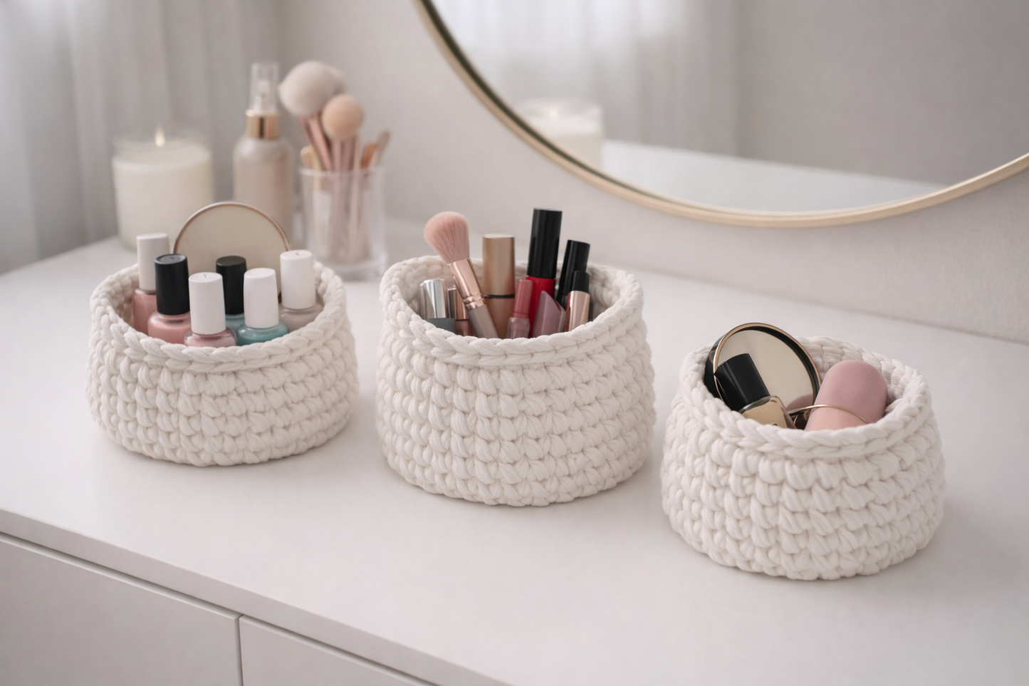 Handmade Crochet Storage Basket with Wooden Base | Bathroom Organizer | Cotton Rope Basket