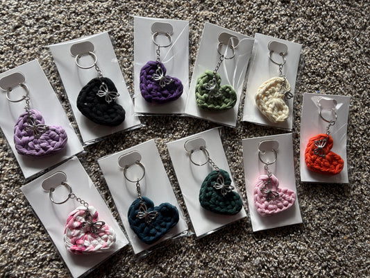 Crochet Heart Keychain with Butterfly Charm | Handmade Chunky Yarn Keyring | Cute Gift Idea | Knots and Loops