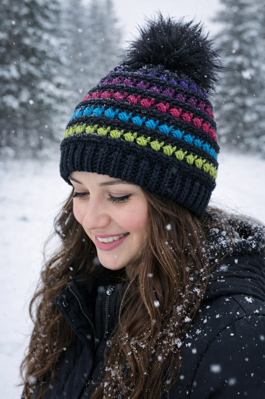 Rainbow Beanie with Removable Faux Fur Pom