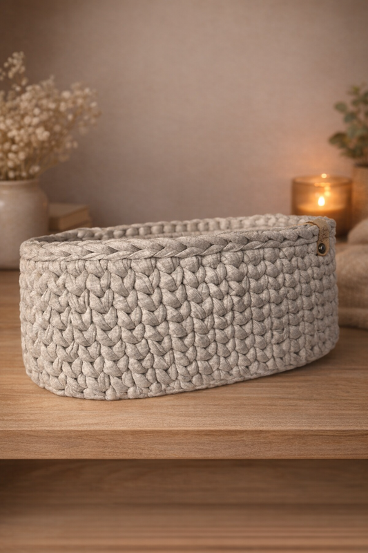 Handmade Crocheted Gray Storage Basket with Wooden Base