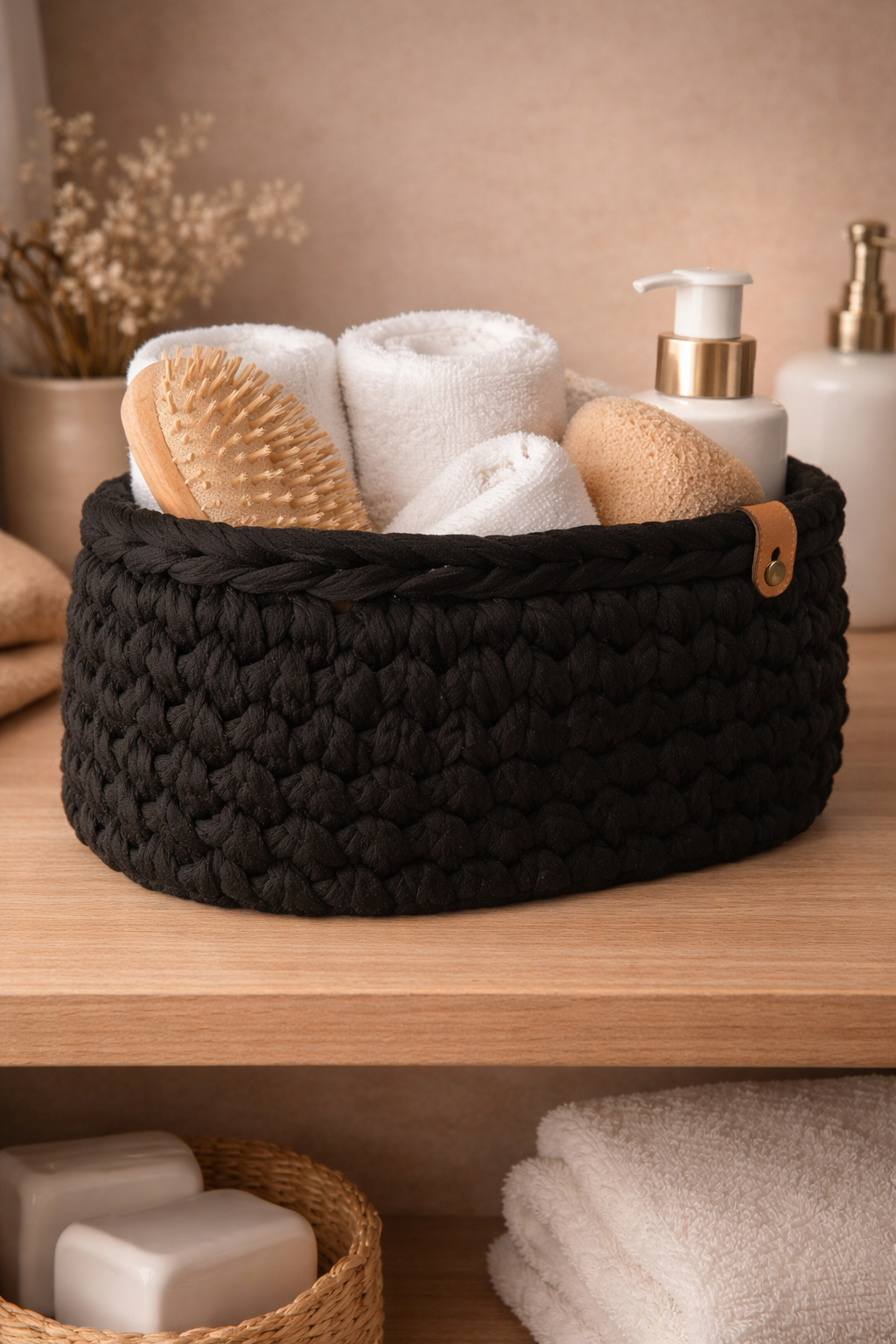 Handmade Crochet Storage Basket with Wooden Base | Bathroom Organizer | Cotton Rope Basket