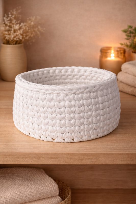 Handmade Crochet Storage Basket with Wooden Base | Bathroom Organizer | Cotton Rope Basket