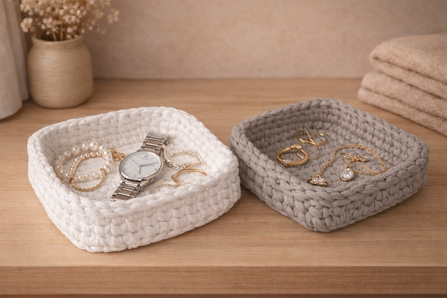 Handmade Crochet Trinket Tray | Cotton Jewelry Organizer | Small Decorative Storage Basket