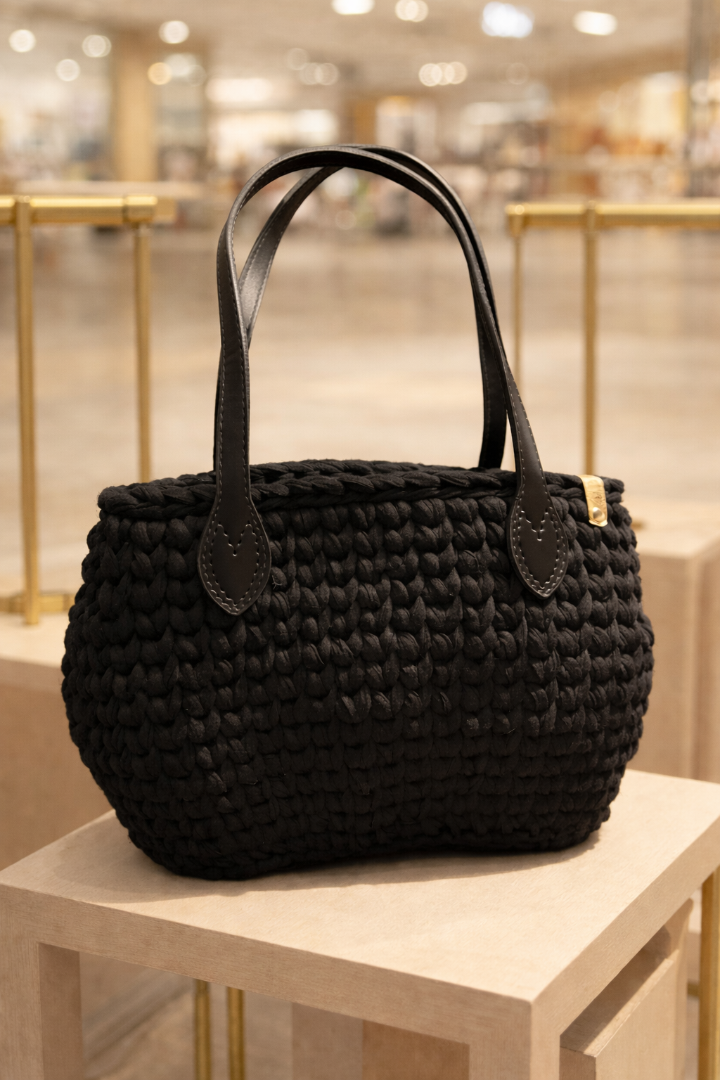Artisan Black Crochet Tote Bag | Handcrafted with Leather Handles