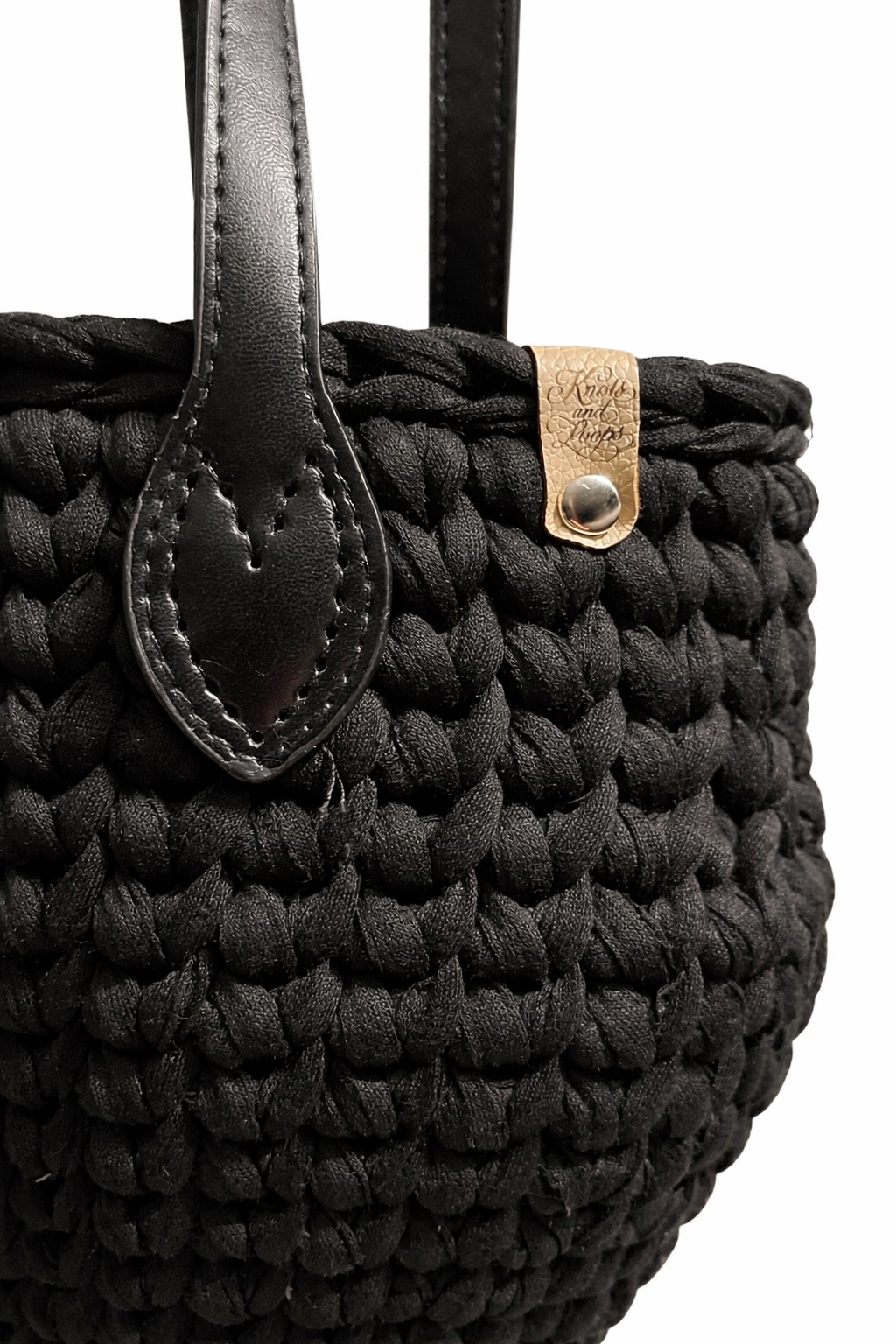 Artisan Black Crochet Tote Bag | Handcrafted with Leather Handles