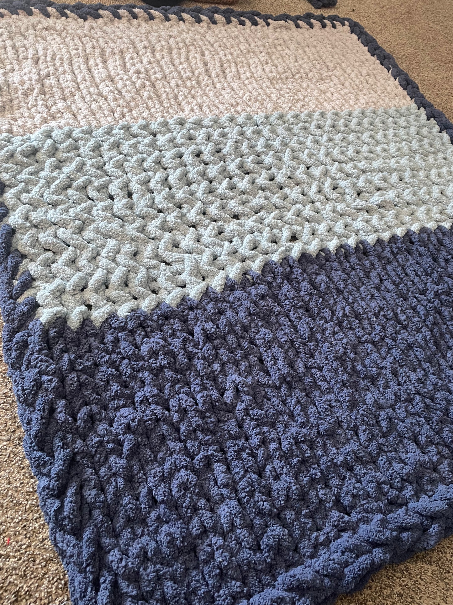 Handmade Hand Knit Blanket 46x55 | Cozy Textured Throw Blanket in Blue & Neutral Tones