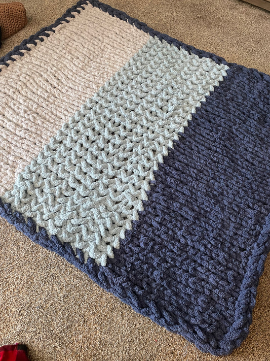 Handmade Hand Knit Blanket 46x55 | Cozy Textured Throw Blanket in Blue & Neutral Tones