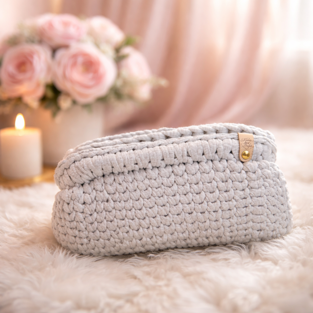 Handmade Crochet Clutch Bag with Metal Frame Closure | Crochet Makeup Bag | Neutral Cosmetic Pouch | Boho Evening Bag