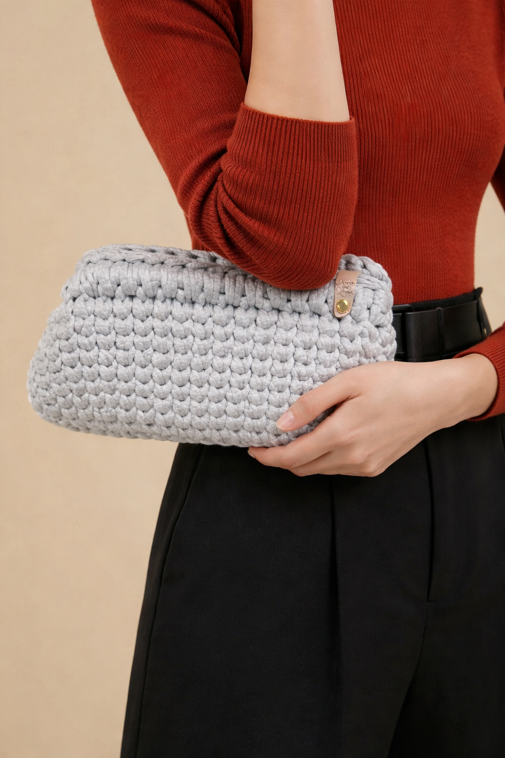 Handmade Crochet Clutch Bag with Metal Frame Closure | Crochet Makeup Bag | Neutral Cosmetic Pouch | Boho Evening Bag