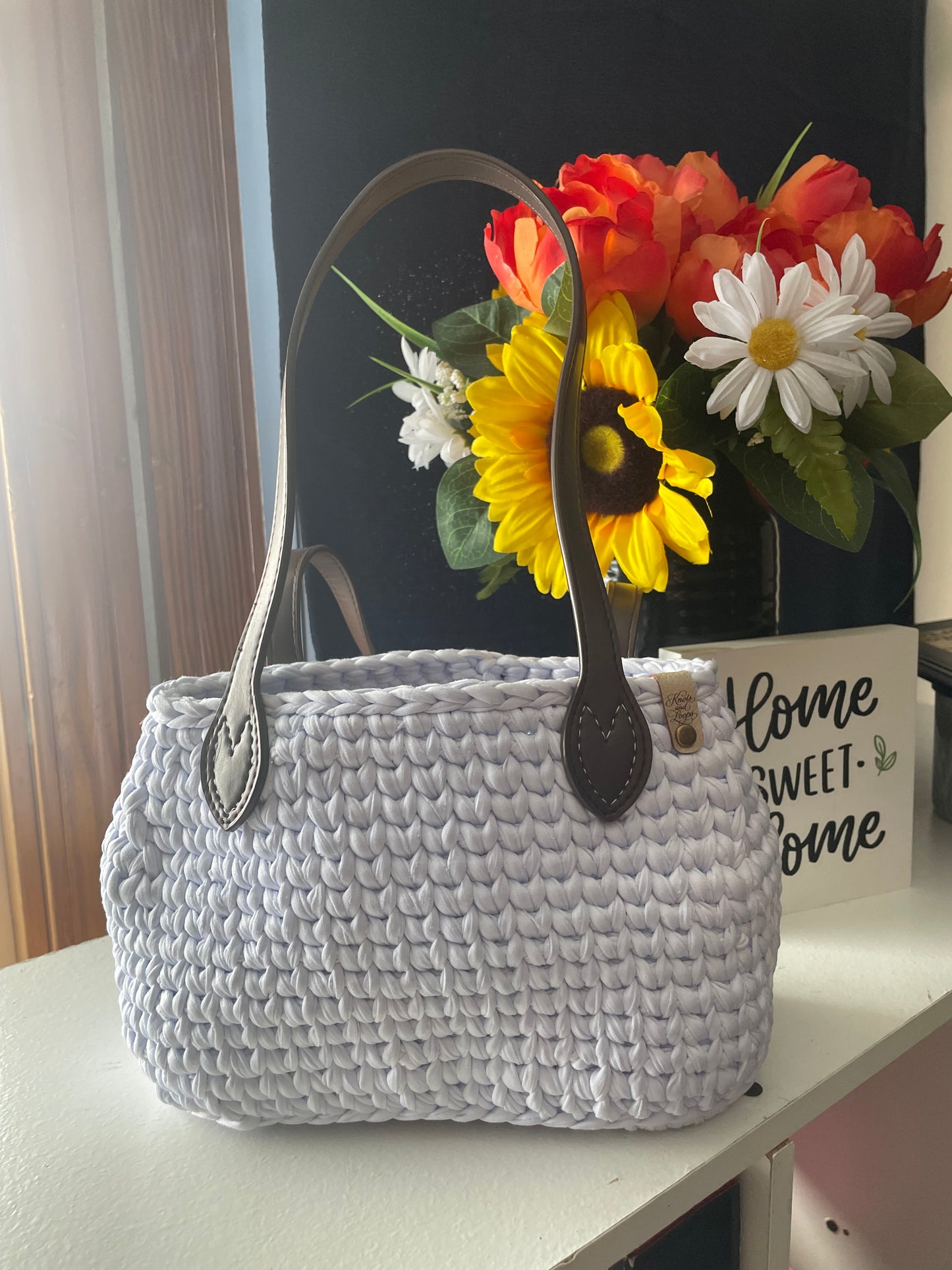White Crochet Purse with Faux Leather Bottom & Handles | Handmade Crochet Bag