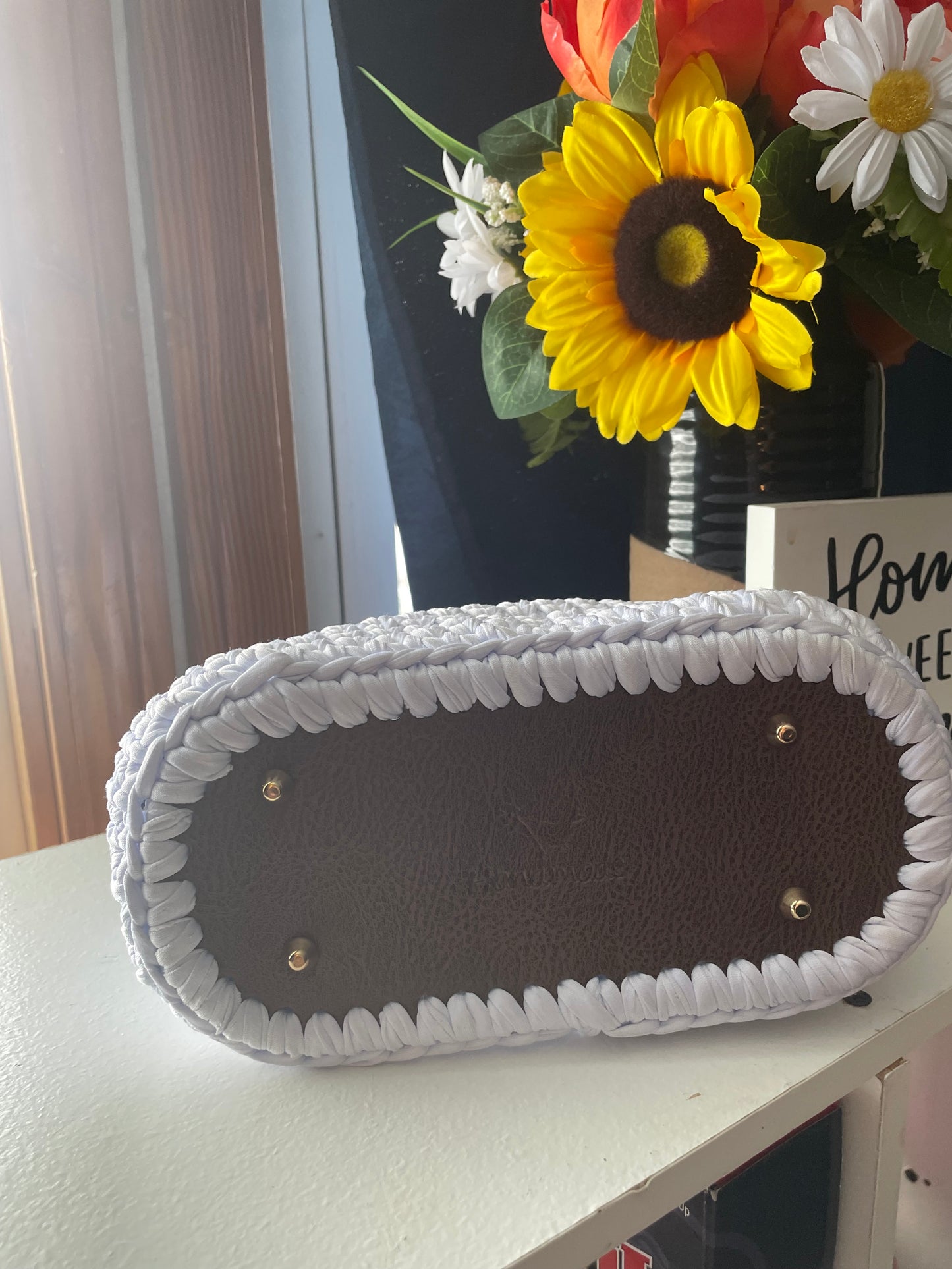 White Crochet Purse with Faux Leather Bottom & Handles | Handmade Crochet Bag