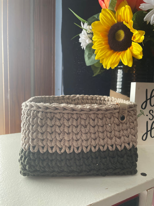 Crochet Basket with Wooden Base | Mushroom & Olive Storage Basket