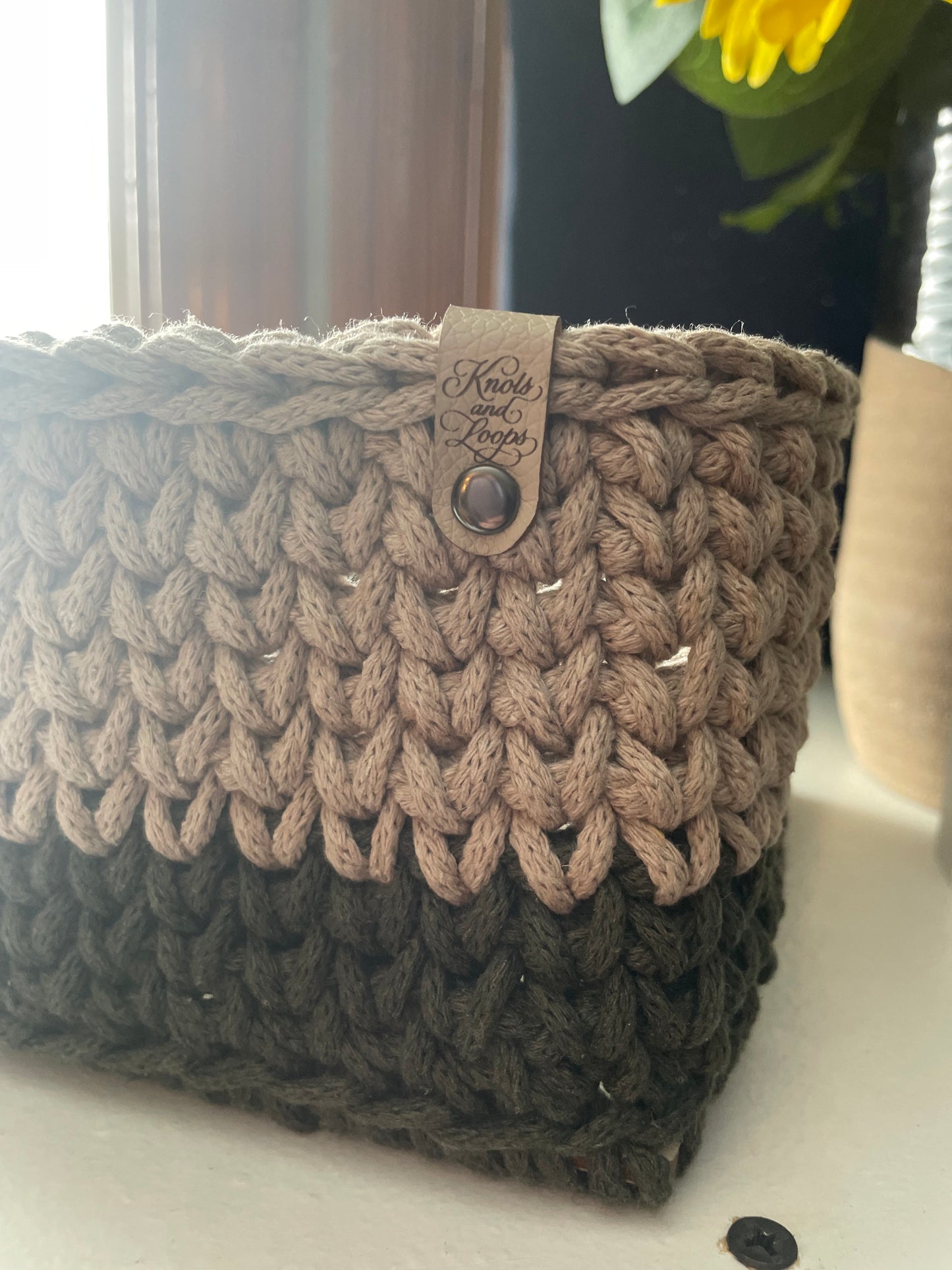 Crochet Basket with Wooden Base | Mushroom & Olive Storage Basket