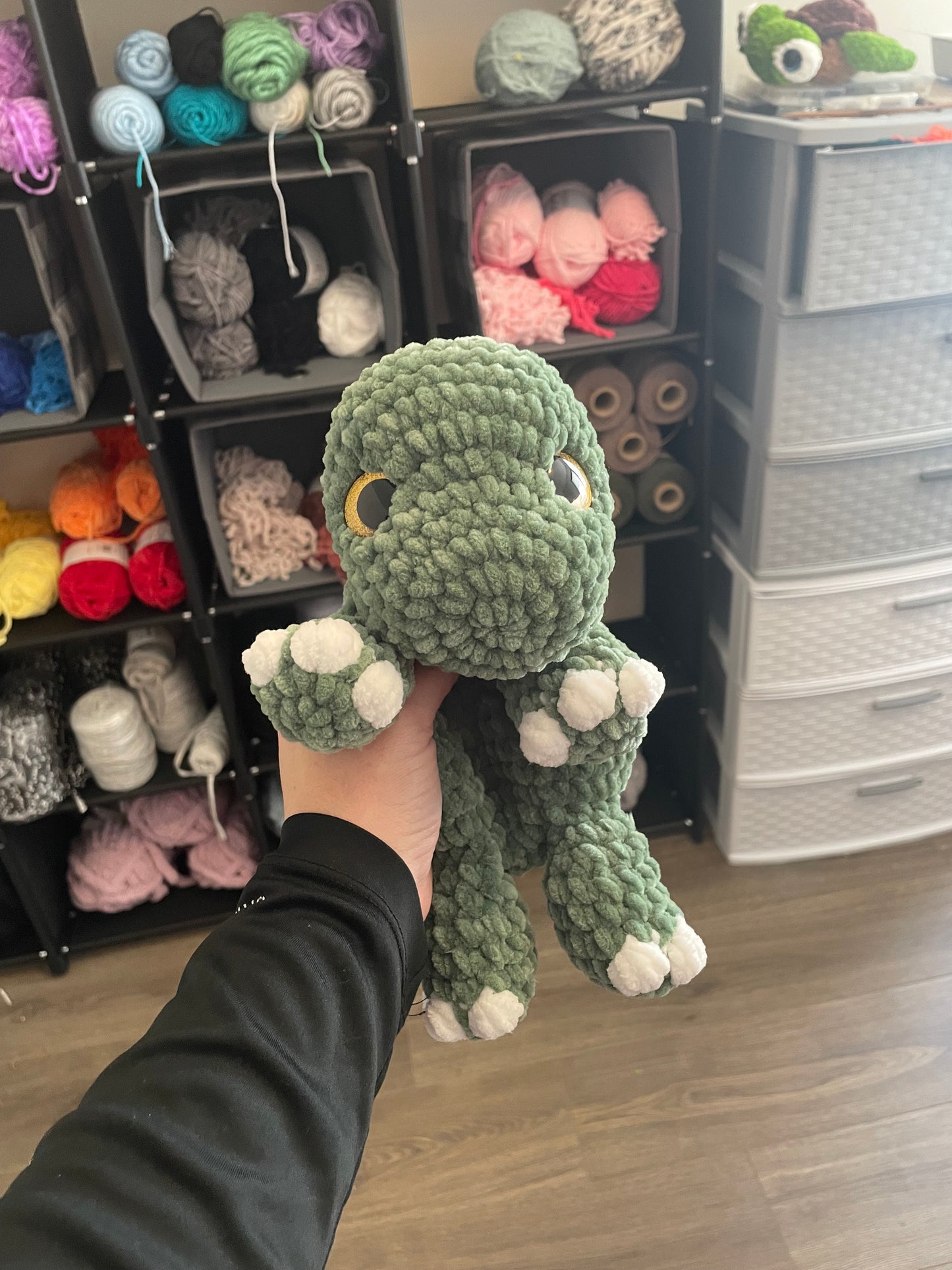 Dino Snuggler Plush Dinosaur – Handmade Crochet Floppy Dino Lovey – Soft Cuddle Toy for Kids & Dino Lovers