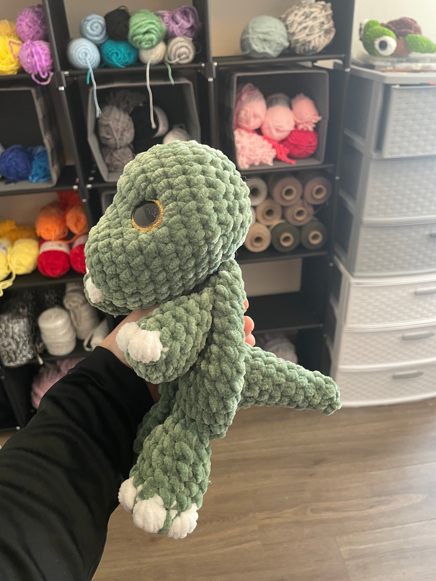 Dino Snuggler Plush Dinosaur – Handmade Crochet Floppy Dino Lovey – Soft Cuddle Toy for Kids & Dino Lovers