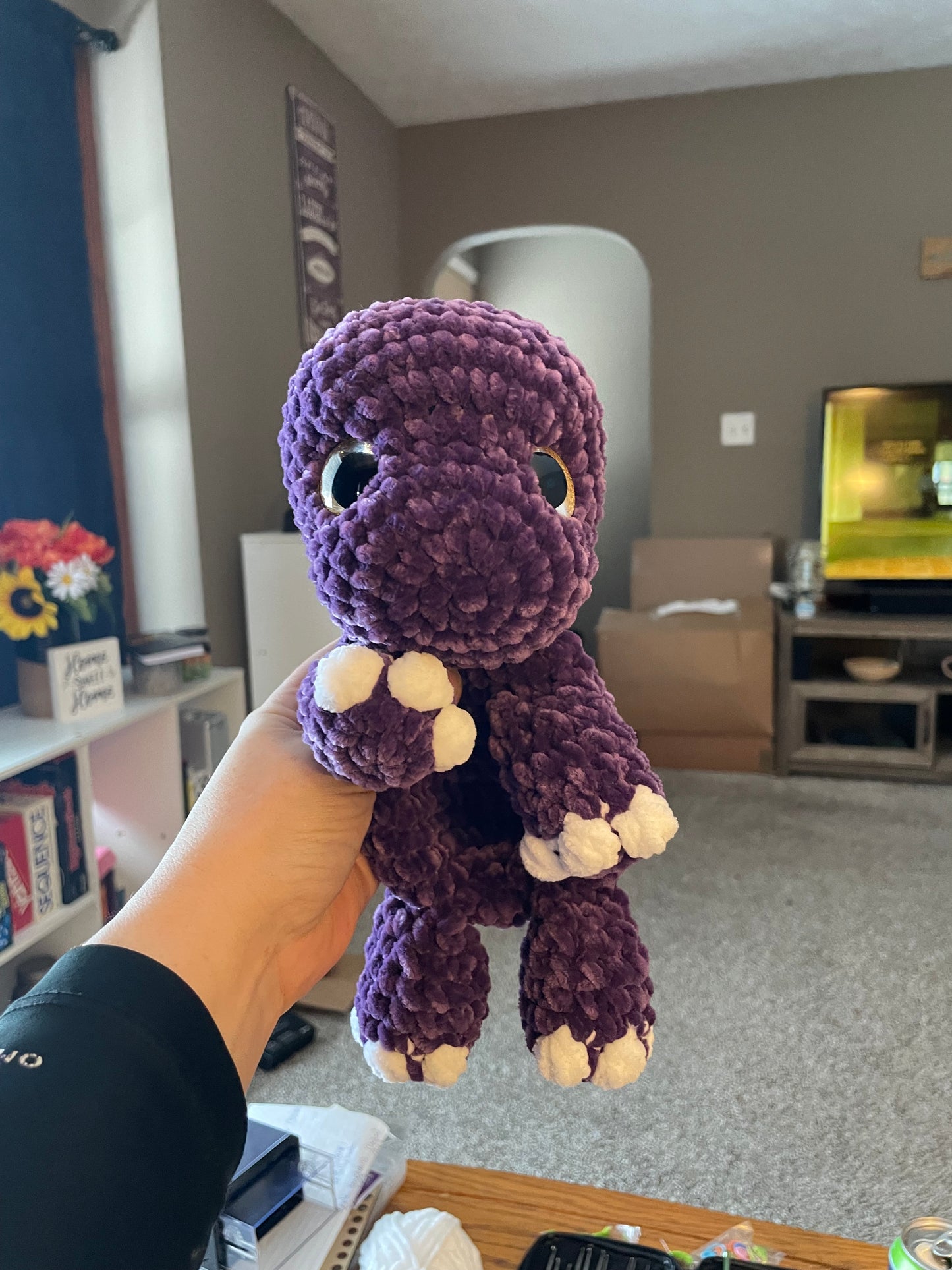 Dino Snuggler Plush Dinosaur – Handmade Crochet Floppy Dino Lovey – Soft Cuddle Toy for Kids & Dino Lovers
